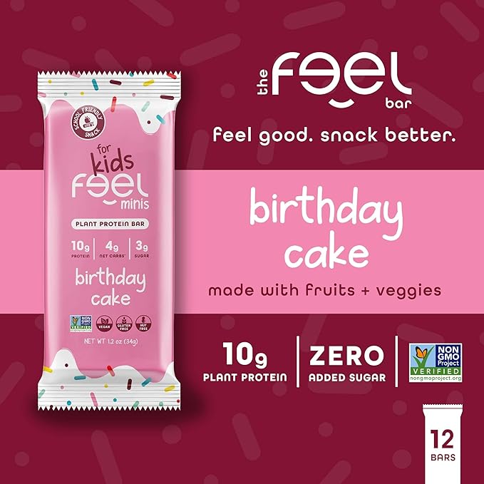 Feel Bar Minis – Kids Protein Bars | Birthday Cake | 10g Plant Protein | 100 Calories | No Added Sugar | + Daily Veggies | Gluten Free, No Nuts, No Soy, No Dairy, No Grains (12 Pack)