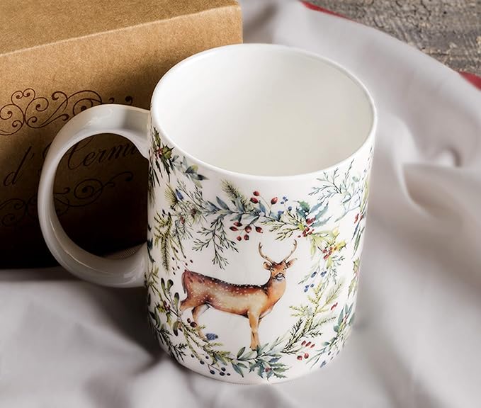 Maison d' Hermine Coffee Mug with Handles Fine Bone China Mugs Pack of Two Tea Cups for Hot Beverages Cappuccino Latte Home Restaurant Office Perfect for Gift (Holly Time, 12 Ounce)