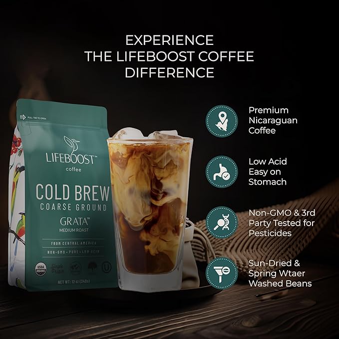 Lifeboost Low Acid Cold Brew Coffee – Organic Coarse Ground Medium Roast for Cold Brew – Single Origin, Non-GMO, 3rd Party Tested for Mycotoxins & Pesticides, USDA Organic – Smooth & Bold Flavor – 12 oz Bag