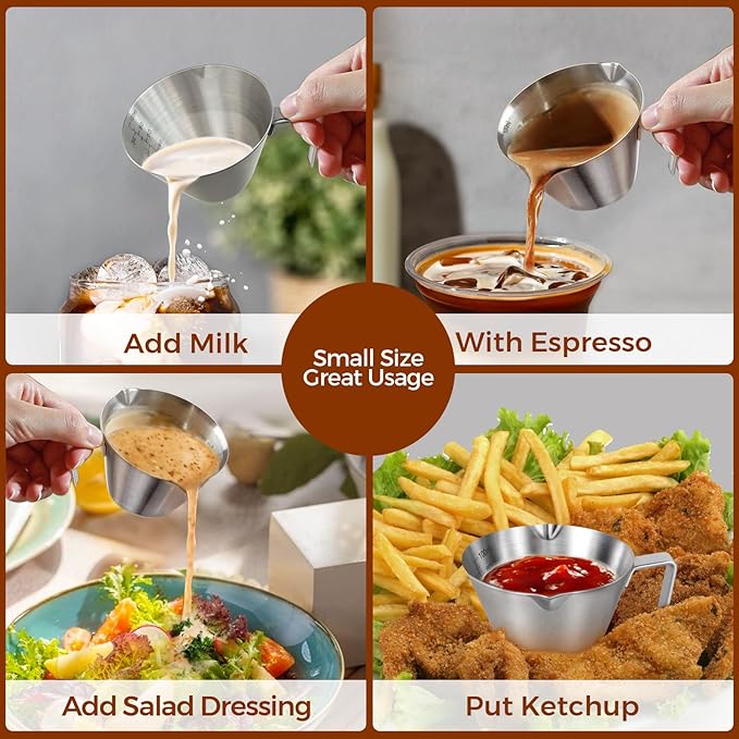 4Pcs Stainless Steel Espresso Cups, Double Spout Metal Espresso Measuring Cup with Handle, Dual Scale Espresso Shot Cup with V-Shaped Mouth, 3.4oz/100ml (Silver)