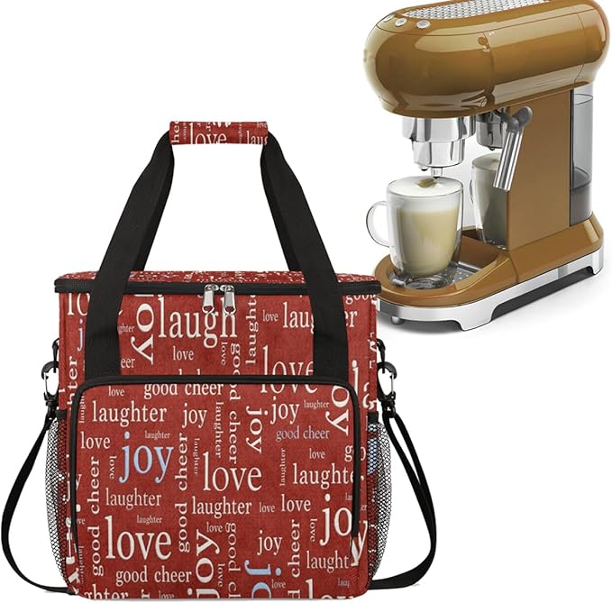Love Joy Laugh Letter Red Coffee Maker Carrying Bag, Coffee Machine Travel Storage Tote Bag Compatible with K-Mini or K-Mini Plus, Portable Single Serve Coffee Brewer Case with Pockets for K-Cup Pods