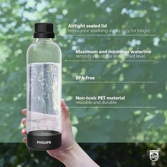 PHILIPS Carbonating Bottles ADD910BKOQ/37, 1L Twin Pack Reusable PET Water Bottles Compatible Sparkling Water Maker, 2 Pack for ADD4902BKOQ/37, ADD4902WHOQ/37 and ADD4901GROQ/37, ADD4901BKOQ/37