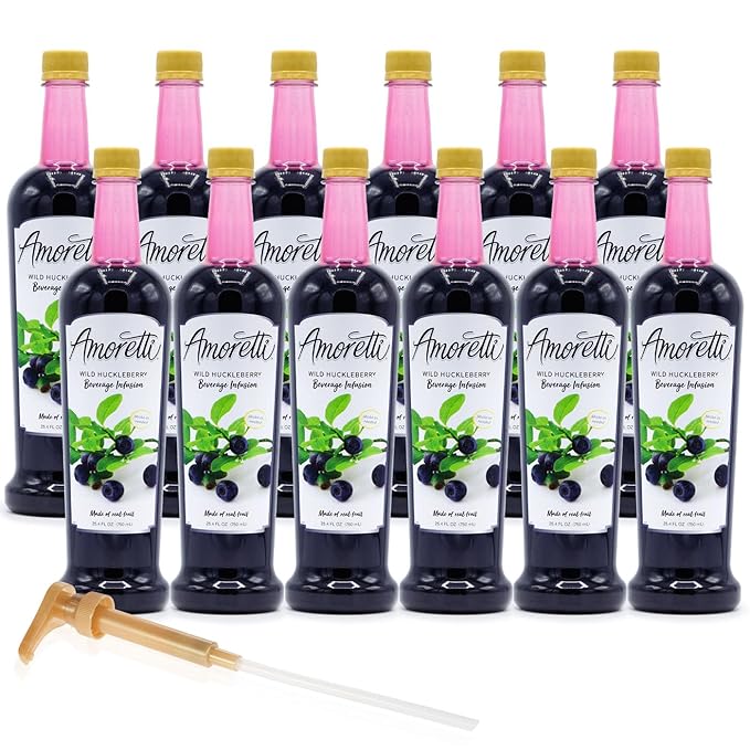 Amoretti - Wild Huckleberry Beverage Infusion, 94 Servings Per Bottle (750 ml) - Drink Mix & Water Enhancer with Pump for Flavoring Cocktails, Waters, Teas, and other Beverages, Preservative Free