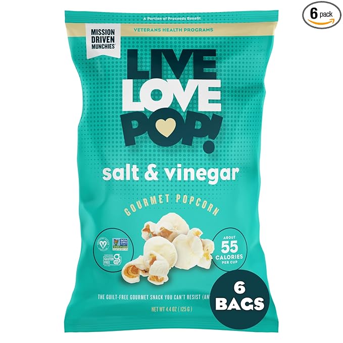Live Love Pop Salt and Vinegar Flavored Gourmet Popcorn, 4.4 Oz (Pack of 6), Healthy Snack, Gluten Free, Vegan & Non-GMO, Mission Driven Munchies