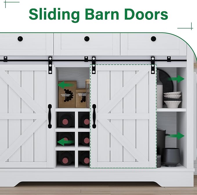 4 EVER WINNER 72" Coffee Bar Cabinet with Sliding Barn Door & Wine Racks, Hutch Cabinet with Storage and 3 Drawers, Farmhouse Coffee Bar with Wine Glass Holder for Dining Room Kitchen, White