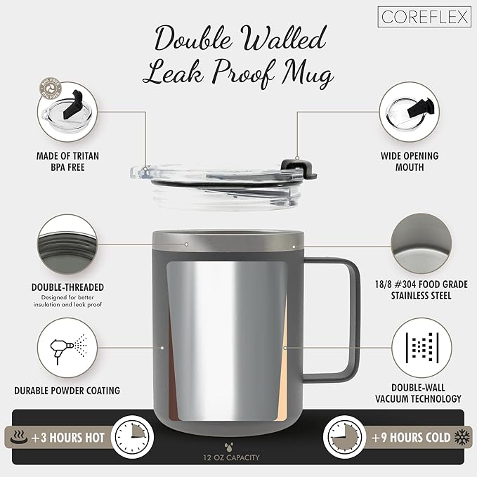 COREFLEX 12 oz Insulated Coffee Mug with Handle & Lid, Stainless Steel Double Walled Vacuum Insulated Tumbler, Travel Coffee Cup Thermal Cup - Home, Office, Travel, Outdoor, Camping