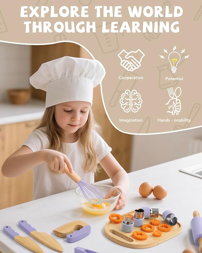 Wooden Kids Cooking Set Montessori Kit - Real Toddler Kitchen Tools & Baking Utensils - 15PCS Cooking Kit for Kids with Storage Bag, Great Gift for Pretend Play & Montessori Learning (Purple)