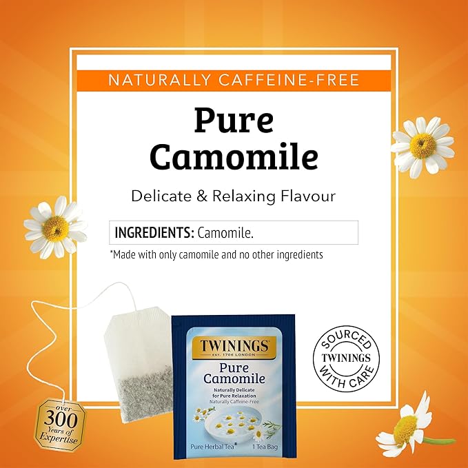 Twinings Pure Camomile Herbal Tea individually Wrapped Bags, 50 Count (Pack of 6), Naturally Caffeine-Free, Enjoy Hot or Iced, 300 Teabags