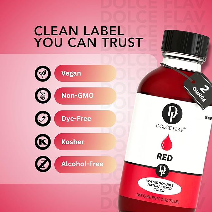 Dolce Flav Natural Red Food Coloring – Vivid Plant-Based Color from Beets | 2 oz Water-Soluble Liquid Dye for Baking, Drinks & Frostings | Graduated Dropper Included | No Artificial Dyes | Kosher | Made in USA