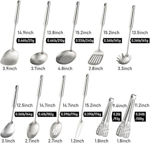18/10 Stainless Steel Kitchen Utensils Set - 15” All Metal Cooking Tools, 11PCS - 2 Tongs, Fork, Solid Spoon, Slotted Spoon, Spatula, Soup Ladle, Skimmer, Slotted Spatula, Spaghetti Spoon, Large Spoon