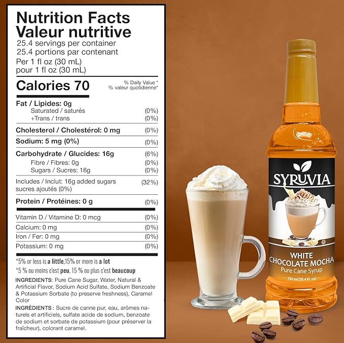 Syruvia White Chocolate Mocha Syrup For Coffee 25.4 Oz. - Kosher & Gluten Free, No Coloring, Perfect for Drinks, Soda, Shakes, Desserts, and More.