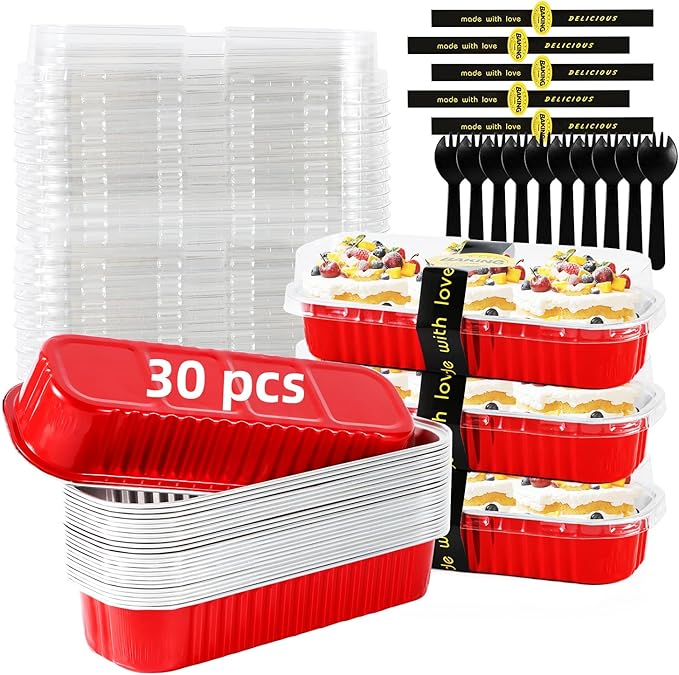 Mini Loaf Pans with Lids and Spoons Sealing Sticker,30 Pcs 6.8oz Cake Pans for Baking Disposable Aluminum Foil Red cake pan (30 Pack Red)