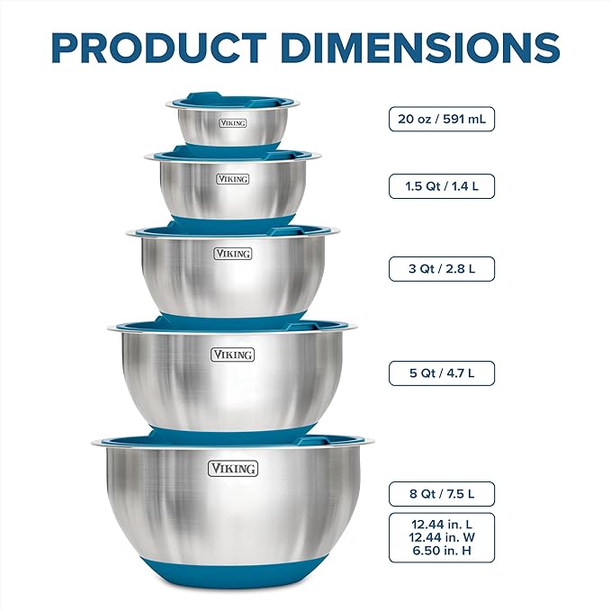 Viking Mixing Bowls Set, 10 Piece Stainless Steel Kitchen Cookware, Non-Slip Silicone Base, Includes Airtight Lids, Dishwasher Safe, Blue