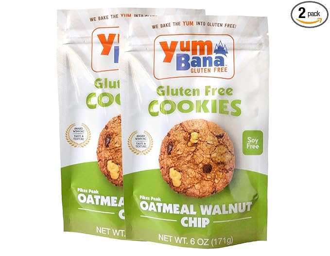 Yumbana Gluten Free Oatmeal Walnut Chip Cookies - Soy Free Cookies - No Artificial Flavors or Preservatives - Great for Snacks and Parties - 2 Pack