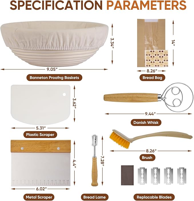Bread Proofing Basket Set, Round 9" Sourdough Proofing Basket for Bread Making Tools and Supplies, Sourdough Bread Baking Supplies, Ideal Basket Gift Set for Artisan Bakers