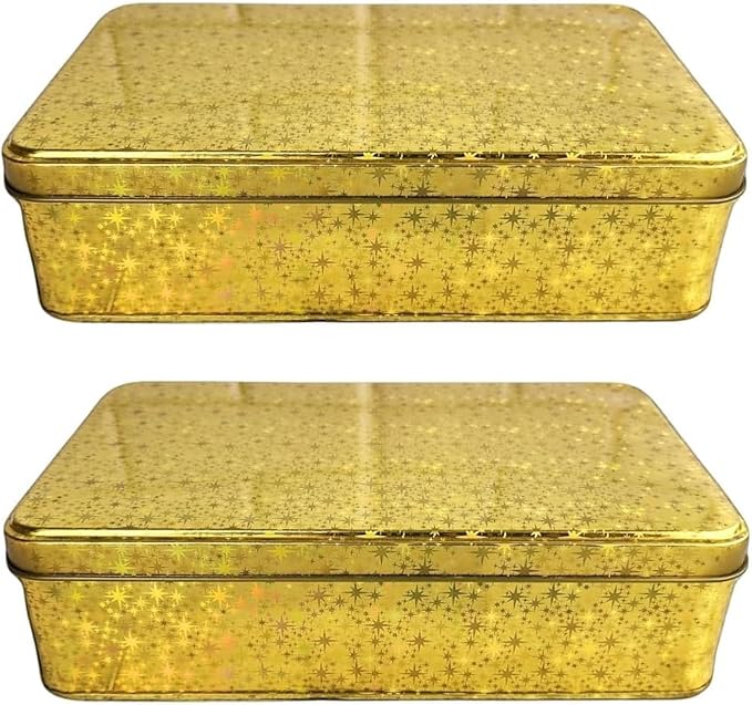 Pack of 2 Glittering Gold Rectangular Container With Lid, Multipurpose Tin Box, Festive Tin Box for Gift Giving, Cookies, Stationery & More - 7.25 x 5.25 x 2.25 Inches