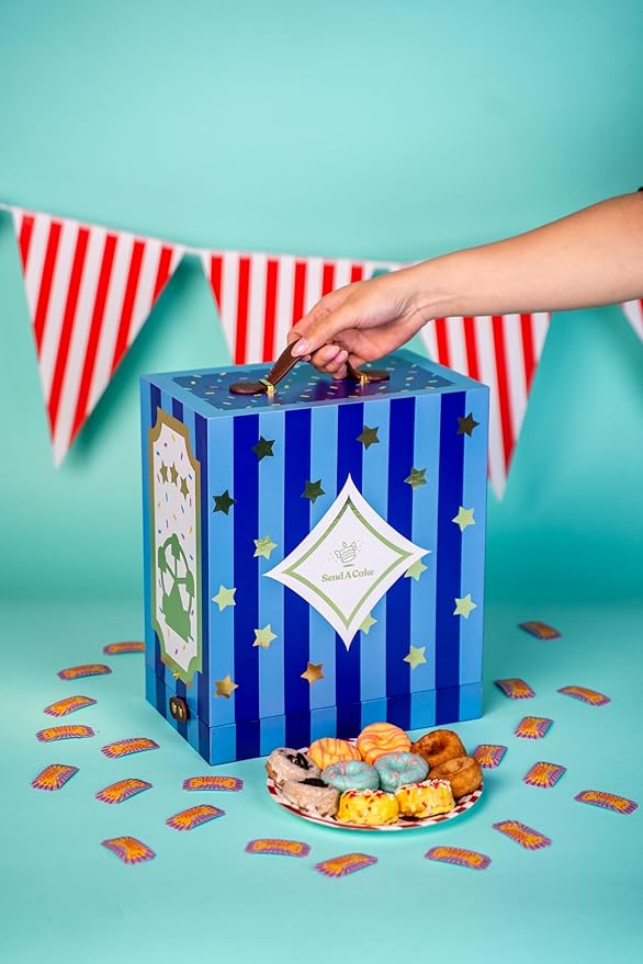 Party Time Mini Donut Ferris Wheel Box by Send A Cake – Ready to Gift, No Assembly Needed – 10 Mini Cake Donuts, Spins, Lights & Music – Fun Birthday & Celebration Gift for Women, Men, Adults, Kids