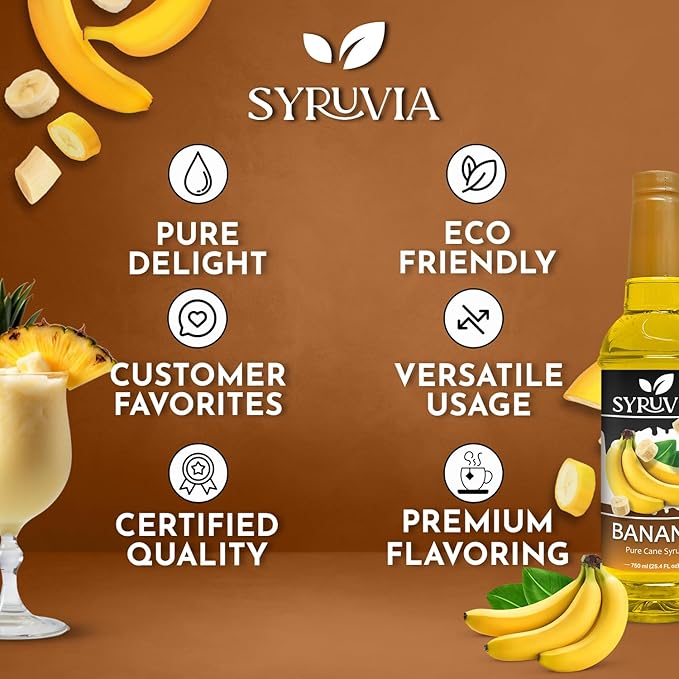 Syruvia Banana Flavored Syrup - 25.4 fl oz - Kosher Flavored Syrups, Gluten Free, No Coloring, Perfect for Drinks, Soda, Shakes, Cocktails, Desserts, and More.