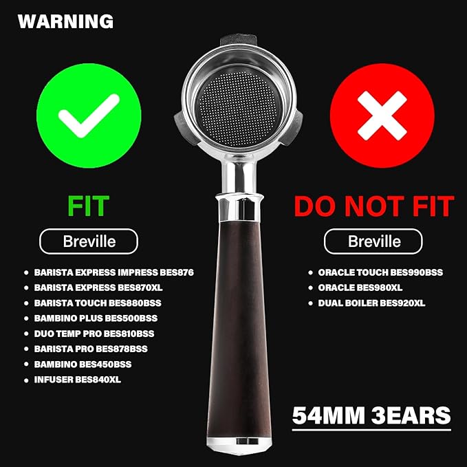 CrossCreek 54mm Espresso Bottomless Portafilter with 3 Ear | Fits 54mm Breville/Sage Barista Espresso Machine | Stainless Steel Basket and Solid Wood Handle | Espresso Accessories