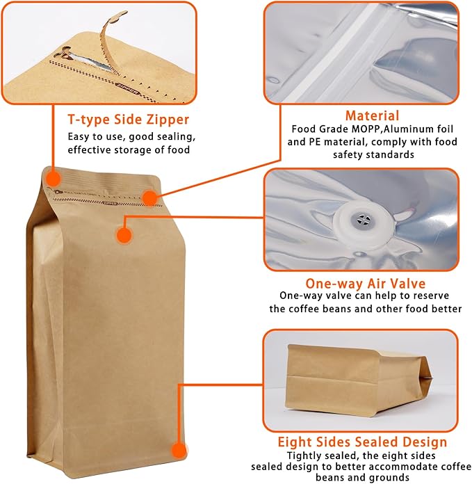 Coffee Bags with Valve (50 PCS,32oz/2lb) Kraft Paper High Barrier Aluminum Foil Flat Bottom Standing Coffee Beans Storage Packaging Bags,Reusable Heat Seal Side Zipper Pouches for Small Business&Home