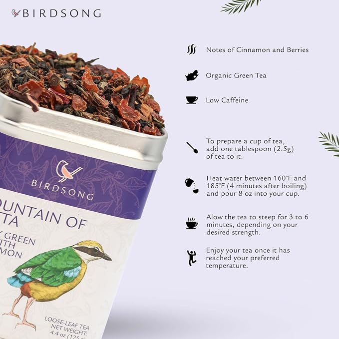 Birdsong Fountain of Pitta: Organic Green Tea Bags with Berries, Rooibos, and Cinnamon | Light, Refreshing and 100% Natural Tea with Health Benefits | 18 Pyramid Tea Sachets