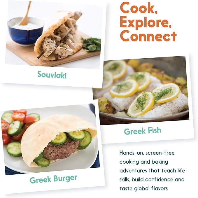 eat2explore Cooking Kits for Kids – Interactive & Educational Kids Cooking Sets Real for Ages 5 and Up,3 Recipe Cards & Global Ingredients – Fun Gift for Young Chefs (Greece Edition)