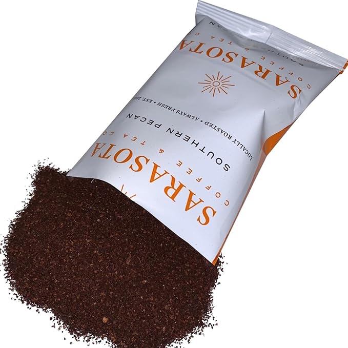 Sarasota Coffee Ground Packets | Gourmet Flavored Medium Roast Grounds Packs | Southern Texas Butter Pecan | Low Acid Mold Free Bulk Individual Pouches for 12 Cup Coffee Maker | 2 oz Bags, 12 Count