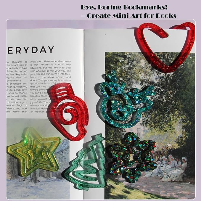 9-in-1 Christmas Resin Bookmark Mold Set - Reindeer/Snowflake/Tree/Heart/Star Silicone Molds for Epoxy Paperclips & Standard Bookmarks, Holiday Gift Crafts,DIY Supplies, Book Lovers Gift