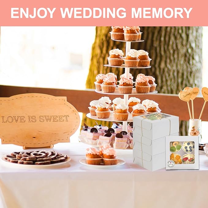 OAMCEG 50 PCS White Cupcake Boxes with Window and Insert, 6x6x3 Inch Kraft Treat Boxes with 4 Cavity for Cookies, Pastries, Desserts, with Stickers & Jute Twine