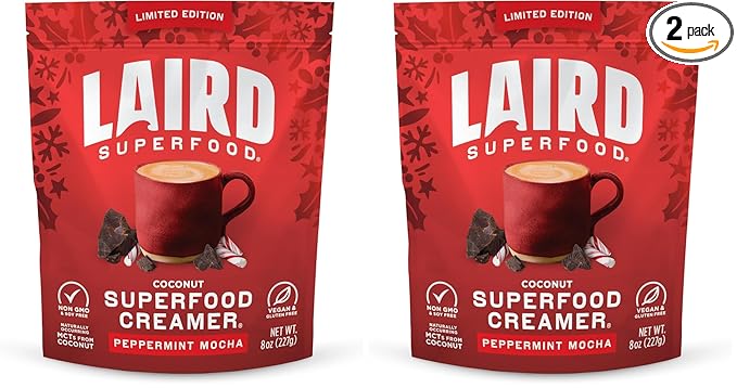Laird Superfood Non-Dairy Original Superfood Peppermint Mocha Coconut Powder Coffee Creamer, Gluten Free, Non-GMO, Vegan, 8 oz. Bag, Pack of 2