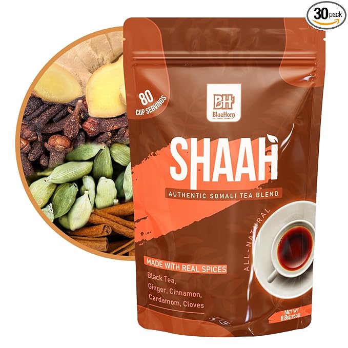 Shaah Authentic Somali Tea – 80 Cups,8.8 oz Organic Loose Leaf Black Tea with Somali Spices | Shaah Tea Blend with Ginger, Cinnamon, Cardamom & Cloves