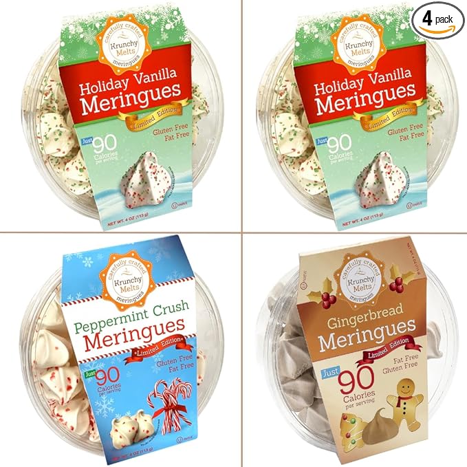 4 Pack Krunchy Melts Original Meringue Cookies | Merry Box 4-Pack | 2 Holiday Vanilla, Peppermint Crush, Gingerbread | Only 80-90 Calories Per Serving | Low Fat/Fat Free, Gluten Free, Dairy Free (4 Oz)