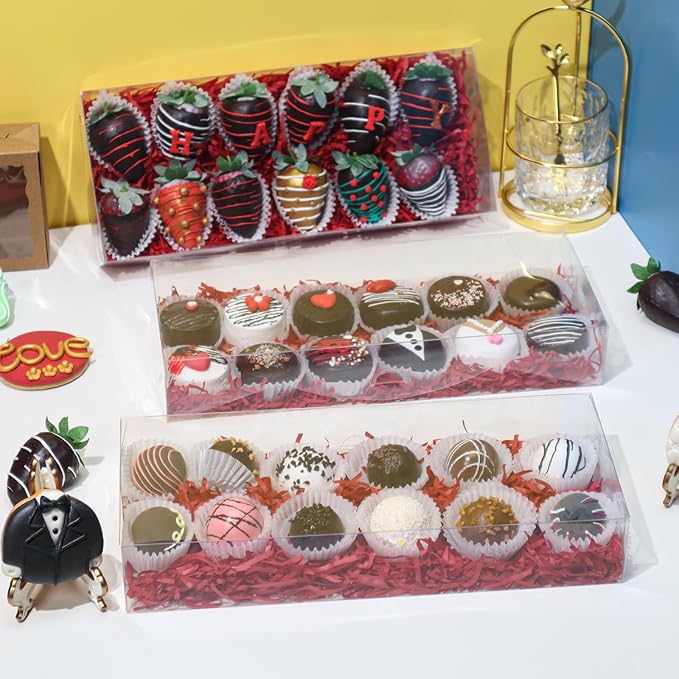 RomanticBaking 12PCS 12x5x2 Inch Clear Treat Boxes for Chocolate Covered Strawberries, Cocoa Bombs, Donuts, Muffins, Pastries, Bakery, Cookie, Macaron, Gift Boxes for Party Favors