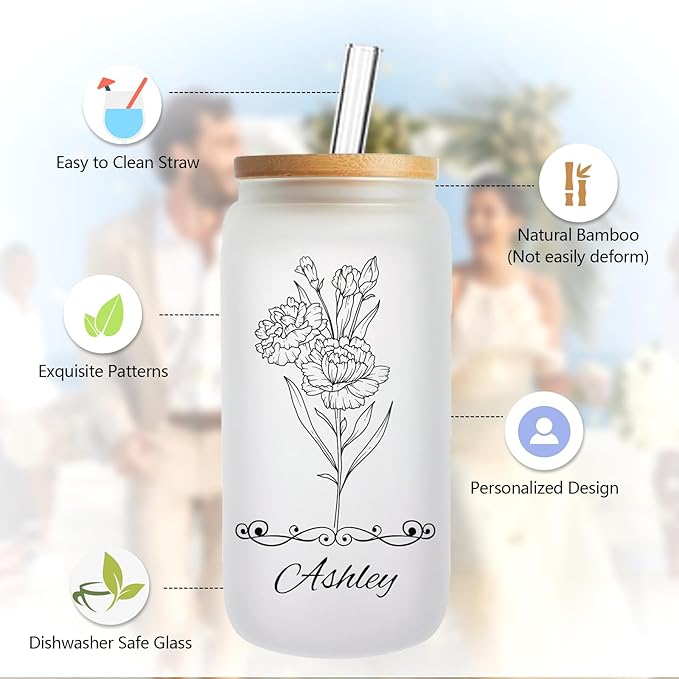 Mason Life Personalized Glass Cup with Name-Can Shaped Glass with Lids and Straws-18OZ Iced Coffee Cups (Birthflower)