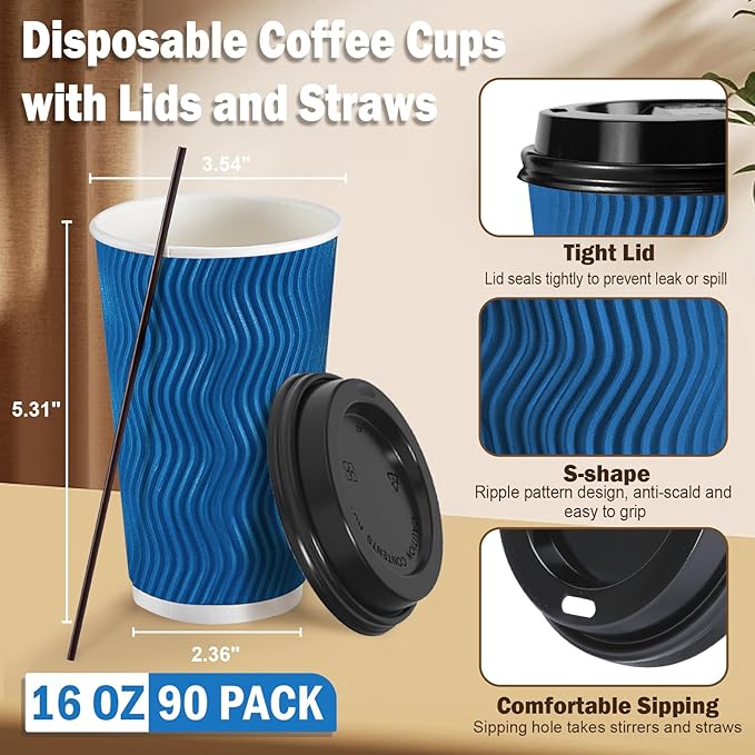80 Pack 16 oz Disposable Coffee Cups with Lids and Straws, Insulated Ripple Wall To Go Paper Coffee Cups for Coffee, Hot Chocolate and Hot Tea Drinks - Navy
