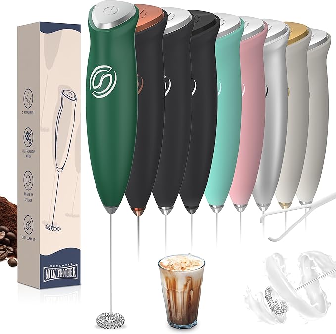 Milk Frother Handheld Frother Wand Drink Mixer Handheld Coffee Stirrers Electric Frother for Coffee Mixer Wand with 2 Whisk frother for protein powder coffee frother handheld-Green