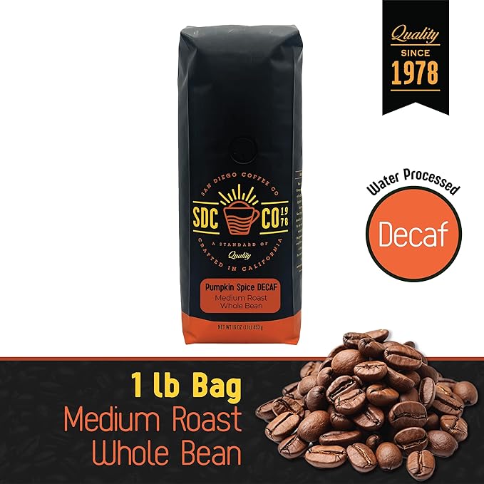 San Diego Coffee DECAF Pumpkin Spice, Medium Roast, Whole Bean Coffee, 16-Ounce Bag Café en grano tostado descafeinado