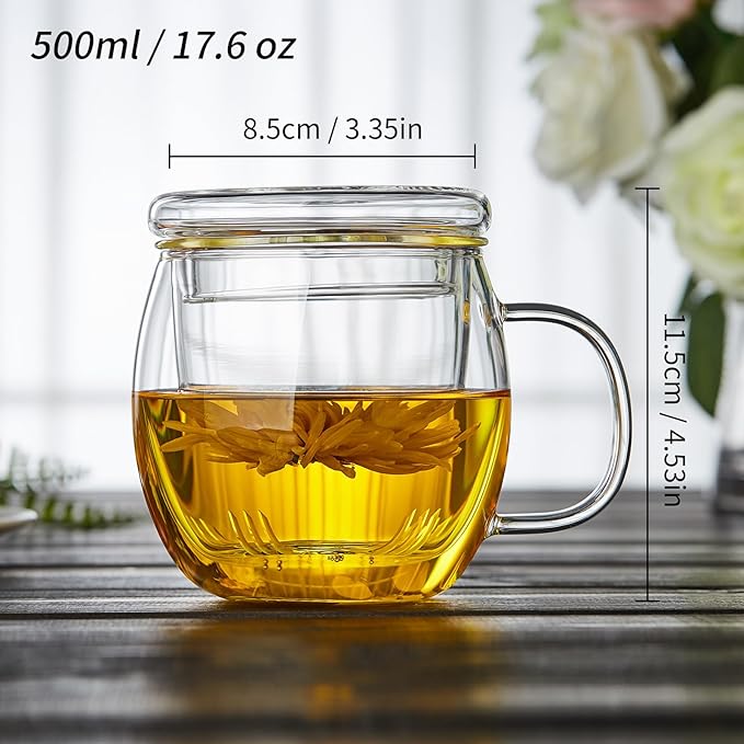 Glass Tea Cup with Infuser and Lid, 17oz/500ml Large Borosilicate Teacup, Clear Mug for Loose Leaf Tea, Blooming Tea, Tea Bags - Perfect Christmas or Birthday Gift for Women