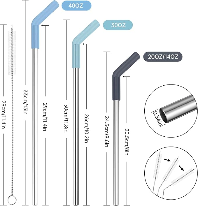 Tomorotec 6-Pack Reusable Stainless-Steel Straws with Silicone Tips, 3 Sizes Compatible with Stanley Tumblers 40OZ 30OZ 20OZ 14OZ, Dishwasher Safe, Includes 2 Cleaning Brushes (Ocean Gradient)