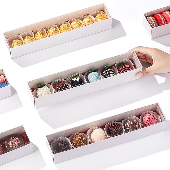 20Pack 12x2.25x2 Inches Chocolate Covered Strawberries Boxes for 6, Macaron boxes for 12, Long Box for Cocoa Bombs,Cookies,Truffle,Cake Ball