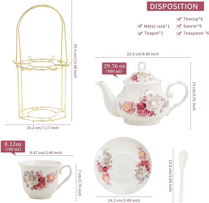 20-Pieces Porcelain Bone china Tea Sets,Gold Rim Coffee Set with Golden Metal Rack,Tea Gift Sets for Home&Party(003)