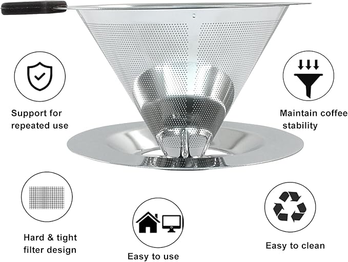 Waziaqoc Pour Over Coffee Dripper, Reusable Paperless Coffee Filter for 1-2 Cups, Stainless Steel Drip Cone Brew Coffee Strainer,Upgraded Double Micro Mesh Filter with Cup Stand