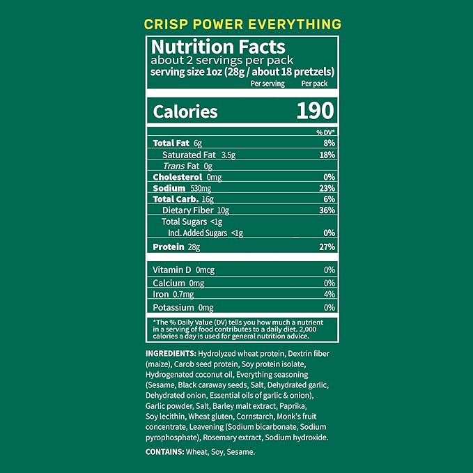 Crisp Power Protein Pretzels, Everything, High Protein Vegan Keto Snack, 28 G Plant Based Protein, Low Carb Crunchy Pretzel Snacks, No Added Sugar, No Seed Oils, 1.75 oz Bags, 24 Pack