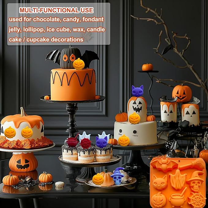 2 Pack Halloween Chocolate Candy Silicone Mold Halloween Molds Ghost Pumpkin Bat Skull Witch Hat Gummy Fondant Baking Mold for DIY Ice Cube Sugar Halloween Party Cupcake Cake Decorating