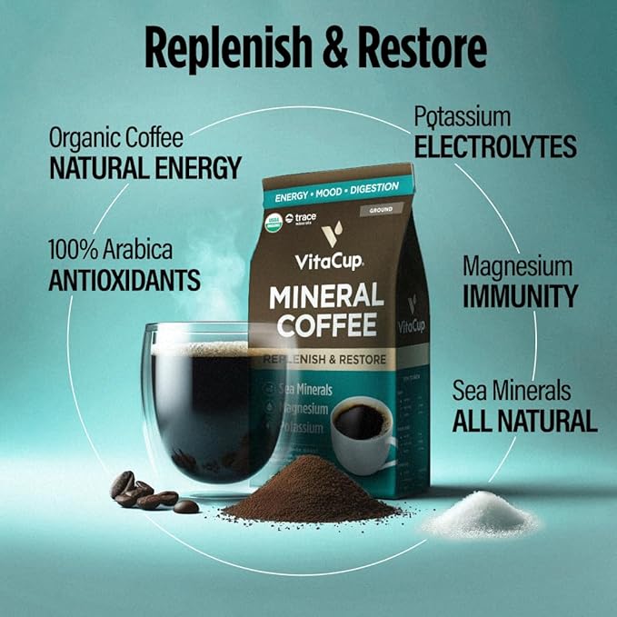 VitaCup Mineral Coffee with Trace Minerals, Hydrate, Replenish & Restore w/All Natural Sea Minerals, Electrolytes, Organic Coffee, Single Origin, Medium Dark Roast, Ground Coffee, 4 Bags 10oz Each