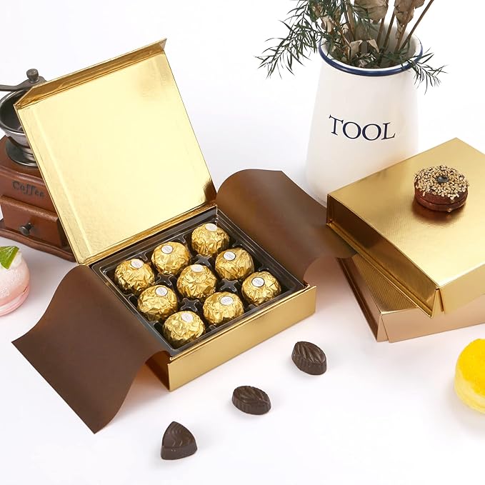 BAKIPACK 6 Truffle Boxes, Chocolates Boxes, Gold Truffle Gift Boxes Packaging with 9-Piece Plastics Tray, Magnetic Closure Lid 5.7x5.7x1.3 Inches