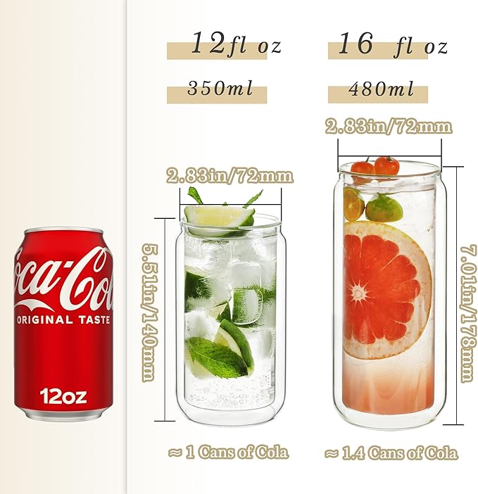 LIBWYS 12oz Double Wall Drinking Glass Cups with Bamboo Lids and Straws, 2 Pc Set – Condensation Resistant Insulated Glass Can Tumblers for Cold Drinks, Iced Coffee, Tea, Juice, Cleaning Brush
