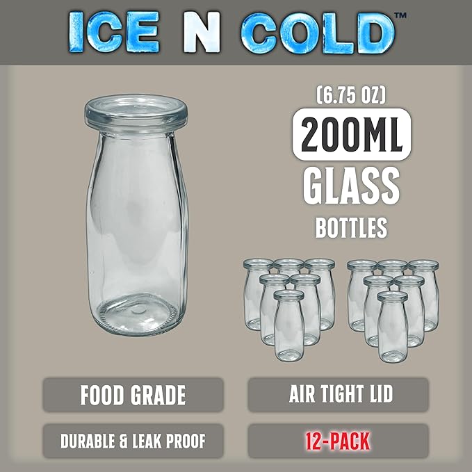 6.76 oz / 200ml Vintage Glass Bottle with Leakproof Clear Lid, Reusable & Eco-Friendly – Ideal for Milk, Juices, Smoothies, Infused Water, BPA-Free Glass Bottle (12-Pack)