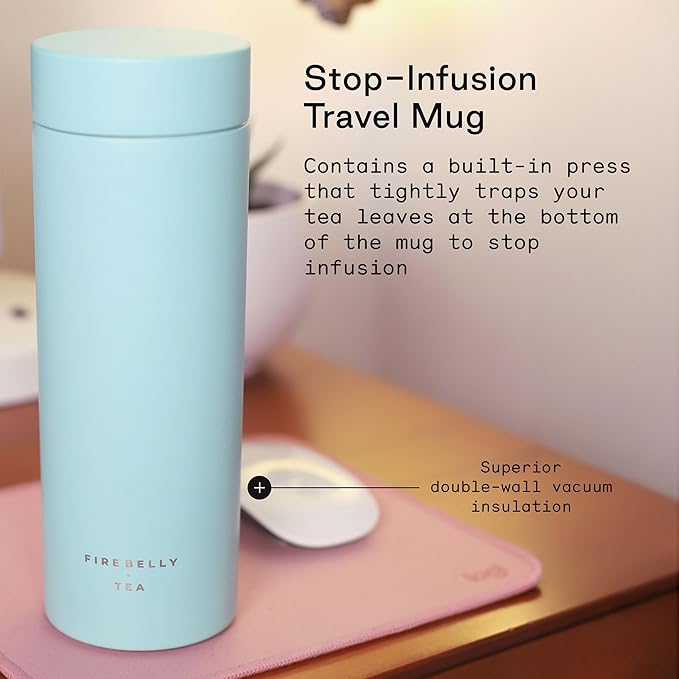 Firebelly Tea, Travel Tea Infuser Mug with Strainer, Insulated Tumbler for Loose Leaf Tea or Coffee, Leakproof Bottle for Hot or Iced Drinks, Stainless Steel Thermos with Lid, Mer