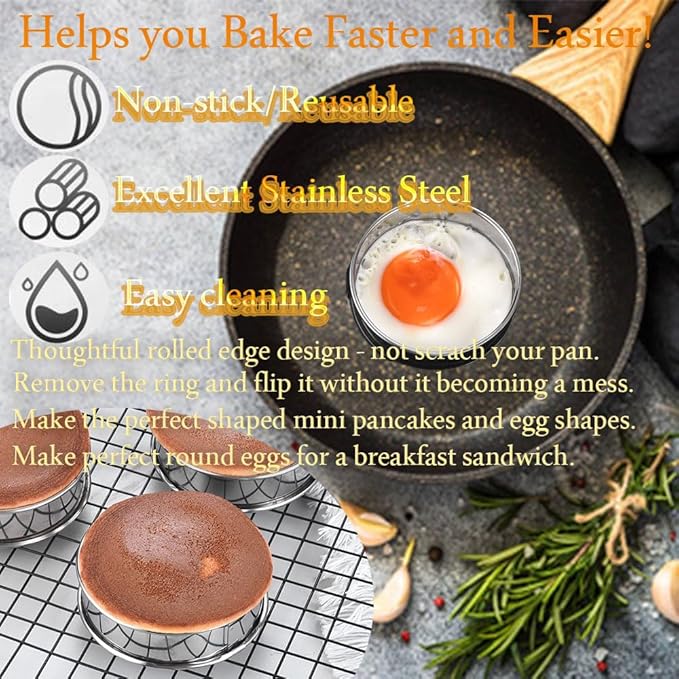 8 Pieces English Muffin Rings Crumpet Rings 3.15 Inch Stainless Steel Double Rolled Tart Ring Nonstick Metal Round Ring Mold for Kitchen Cooking Baking
